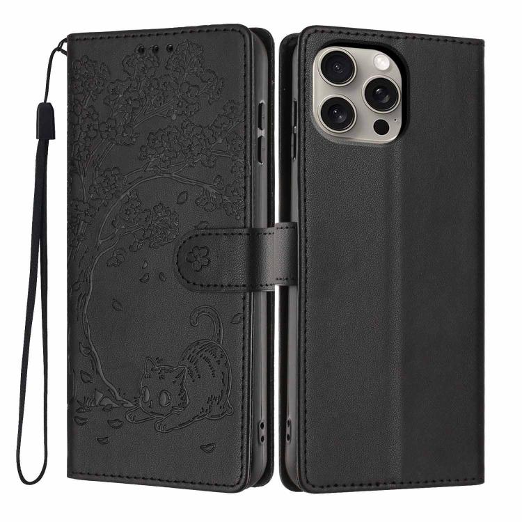 غطاء هاتف من الجلد النباتي بنقش قطة الشجرة وقلب قابل للطي، لهواتف iPhone 15، iPhone 14 Plus، iPhone 14، iPhone 14 Pro، iPhone 14 Pro Max، iPhone 13 Pro Max