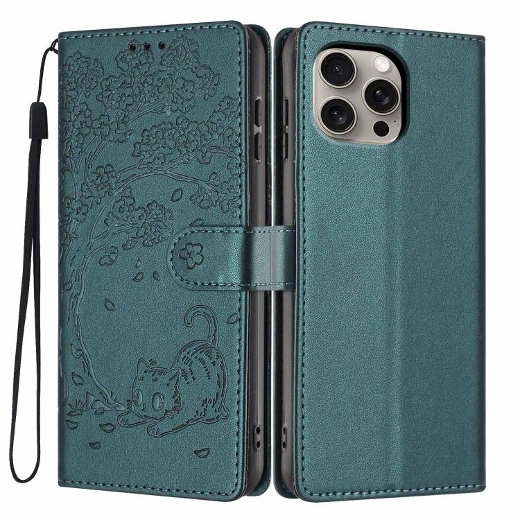 غطاء هاتف من الجلد النباتي بنقش قطة الشجرة وقلب قابل للطي، لهواتف iPhone 15، iPhone 14 Plus، iPhone 14، iPhone 14 Pro، iPhone 14 Pro Max، iPhone 13 Pro Max