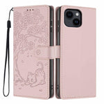 غطاء هاتف من الجلد النباتي بنقشة قطة الشجرة مع غطاء قابل للطي، لهواتف iPhone 16 Pro، iPhone 16 Plus، iPhone 16، iPhone 15 Pro Max، iPhone 15 Pro، iPhone 15 Plus