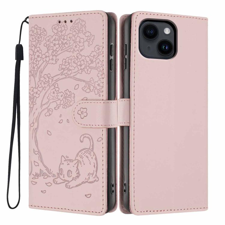 غطاء هاتف من الجلد النباتي بنقشة قطة الشجرة مع غطاء قابل للطي، لهواتف iPhone 16 Pro، iPhone 16 Plus، iPhone 16، iPhone 15 Pro Max، iPhone 15 Pro، iPhone 15 Plus