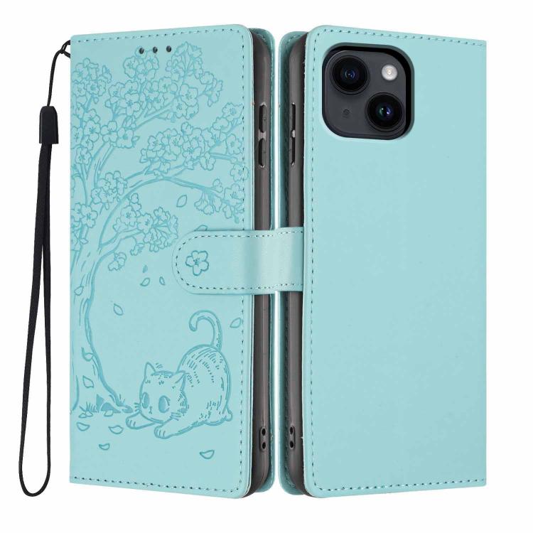 غطاء هاتف من الجلد النباتي بنقش قطة الشجرة وقلب قابل للطي، لهواتف iPhone 15، iPhone 14 Plus، iPhone 14، iPhone 14 Pro، iPhone 14 Pro Max، iPhone 13 Pro Max