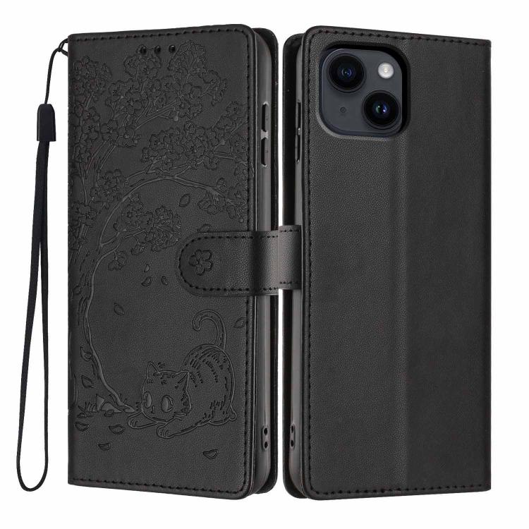 غطاء هاتف من الجلد النباتي بنقش قطة الشجرة وقلب قابل للطي، لهواتف iPhone 15، iPhone 14 Plus، iPhone 14، iPhone 14 Pro، iPhone 14 Pro Max، iPhone 13 Pro Max