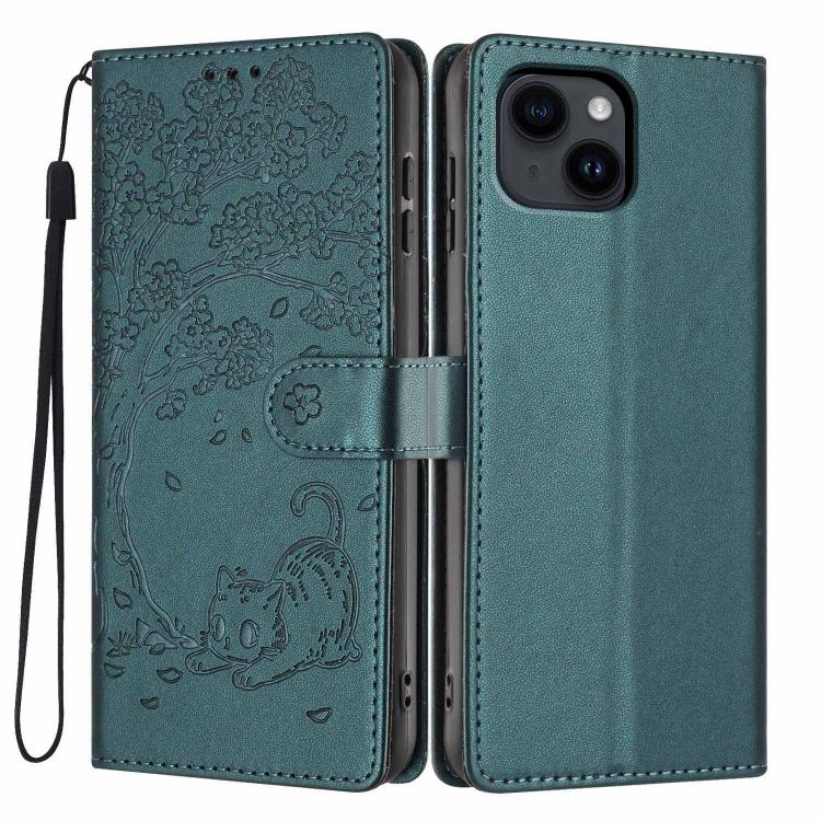 غطاء هاتف من الجلد النباتي بنقش قطة الشجرة وقلب قابل للطي، لهواتف iPhone 15، iPhone 14 Plus، iPhone 14، iPhone 14 Pro، iPhone 14 Pro Max، iPhone 13 Pro Max