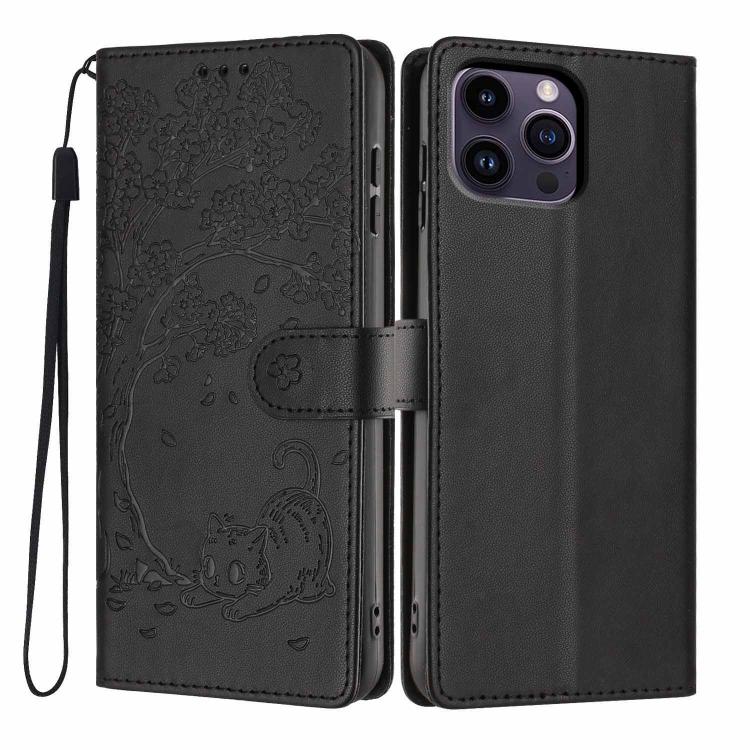 غطاء هاتف من الجلد النباتي بنقش قطة الشجرة وقلب قابل للطي، لهواتف iPhone 15، iPhone 14 Plus، iPhone 14، iPhone 14 Pro، iPhone 14 Pro Max، iPhone 13 Pro Max