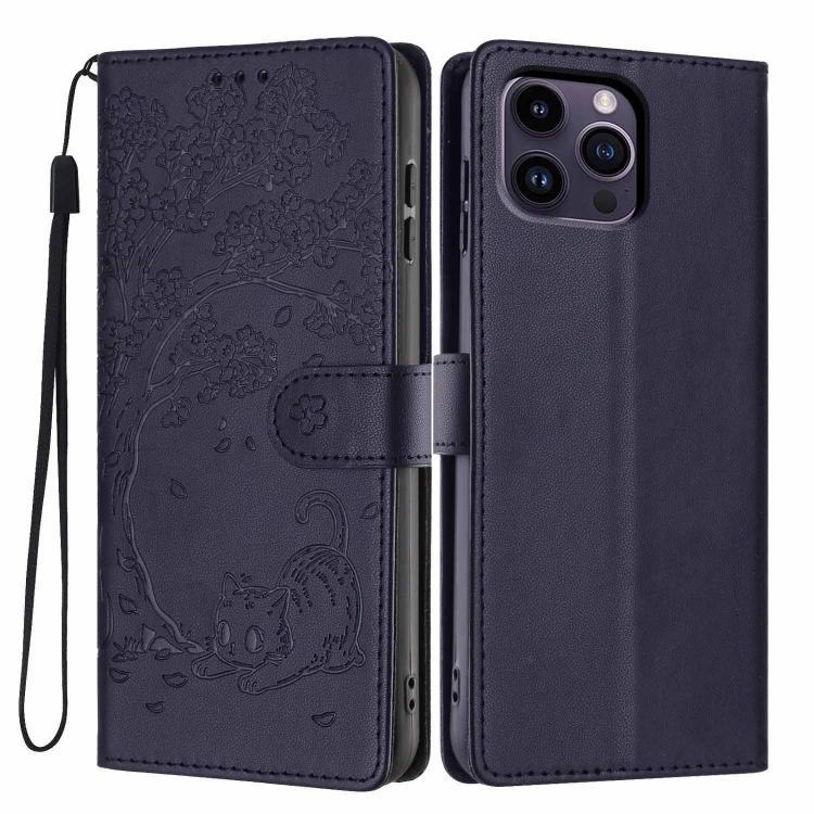غطاء هاتف من الجلد النباتي بنقش قطة الشجرة وقلب قابل للطي، لهواتف iPhone 15، iPhone 14 Plus، iPhone 14، iPhone 14 Pro، iPhone 14 Pro Max، iPhone 13 Pro Max