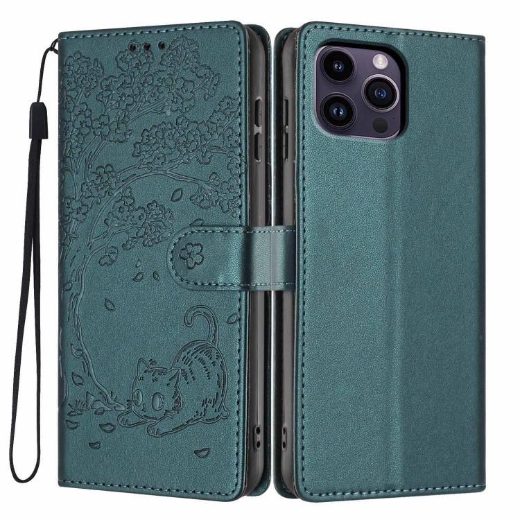 غطاء هاتف من الجلد النباتي بنقش قطة الشجرة وقلب قابل للطي، لهواتف iPhone 15، iPhone 14 Plus، iPhone 14، iPhone 14 Pro، iPhone 14 Pro Max، iPhone 13 Pro Max