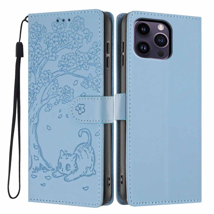 غطاء هاتف من الجلد النباتي بنقش قطة الشجرة وقلب قابل للطي، لهواتف iPhone 15، iPhone 14 Plus، iPhone 14، iPhone 14 Pro، iPhone 14 Pro Max، iPhone 13 Pro Max