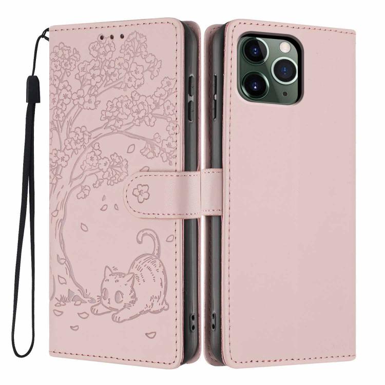 غطاء هاتف من الجلد النباتي بنقش قطة الشجرة وقلب قابل للطي، لهاتف iPhone 11 Pro