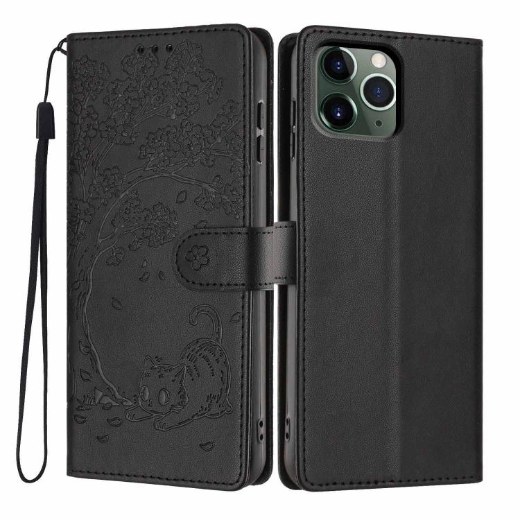 غطاء هاتف من الجلد النباتي بنقش قطة الشجرة وقلب قابل للطي، لهاتف iPhone 11 Pro
