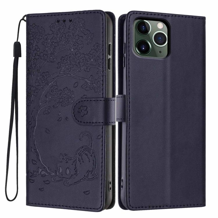 غطاء هاتف من الجلد النباتي بنقش قطة الشجرة وقلب قابل للطي، لهاتف iPhone 11 Pro