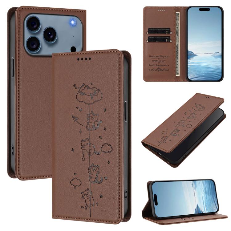 Cute Cats Embossed Magnetic RFID Vegan Leather Phone Case, For iPhone 17e / 16e, For iPhone 17 Pro Max, For iPhone 17 Pro, For iPhone 17