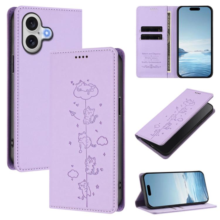 Cute Cats Embossed Magnetic RFID Vegan Leather Phone Case, For iPhone 17e / 16e, For iPhone 17 Pro Max, For iPhone 17 Pro, For iPhone 17