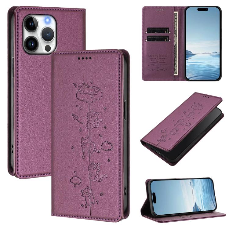 Cute Cats Embossed Magnetic RFID Vegan Leather Phone Case, For iPhone Air, For iPhone 16 Pro Max, For iPhone 16 Pro, For iPhone 16 Plus