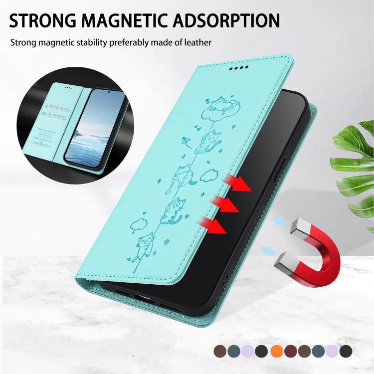 Cute Cats Embossed Magnetic RFID Vegan Leather Phone Case, For iPhone 17e / 16e, For iPhone 17 Pro Max, For iPhone 17 Pro, For iPhone 17