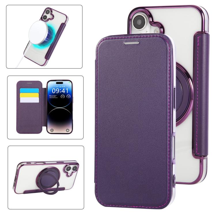 Ultra-thin Rotation Holder Magnetic Plating Vegan Leather Phone Case, For iPhone 16 Pro, For iPhone 16 Plus, For iPhone 16, For iPhone 15 Pro Max, For iPhone 15 Pro, For iPhone 15 Plus / 14 Plus
