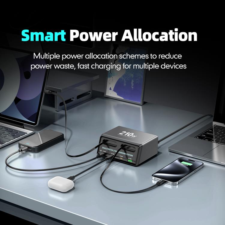 WXL-60E 210W 6-in-1 Desktop Multi Ports Charging Station Built-in Dual Telescopic Cables, WXL-60E