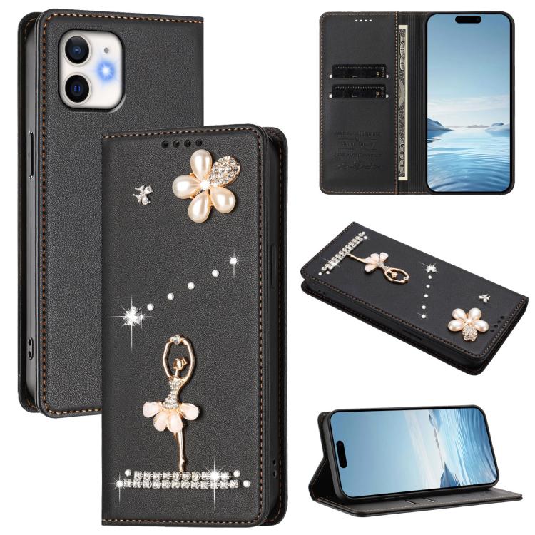 Ballet Girl Diamond Studded RFID Vegan Leather Phone Case, For iPhone 13 Pro, For iPhone 12 / 12 Pro, For iPhone 12 Pro Max, For iPhone 11 Pro Max, For iPhone 11, For iPhone 11 Pro