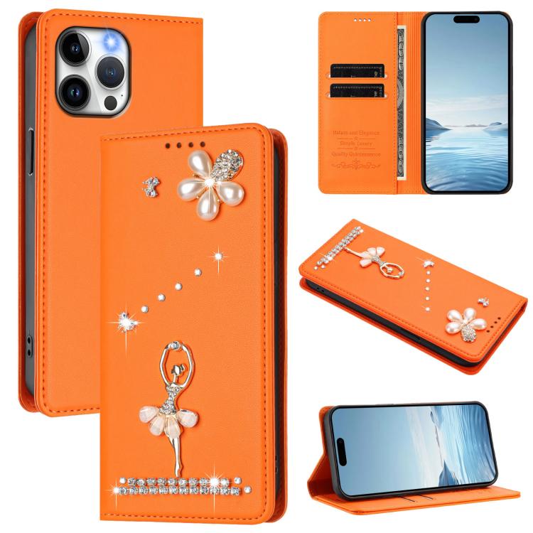 Ballet Girl Diamond Studded RFID Vegan Leather Phone Case, For iPhone 15, For iPhone 14 Plus, For iPhone 14 / 13, For iPhone 14 Pro, For iPhone 14 Pro Max, For iPhone 13 Pro Max