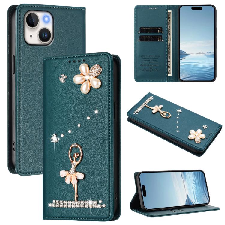 Ballet Girl Diamond Studded RFID Vegan Leather Phone Case, For iPhone 15, For iPhone 14 Plus, For iPhone 14 / 13, For iPhone 14 Pro, For iPhone 14 Pro Max, For iPhone 13 Pro Max