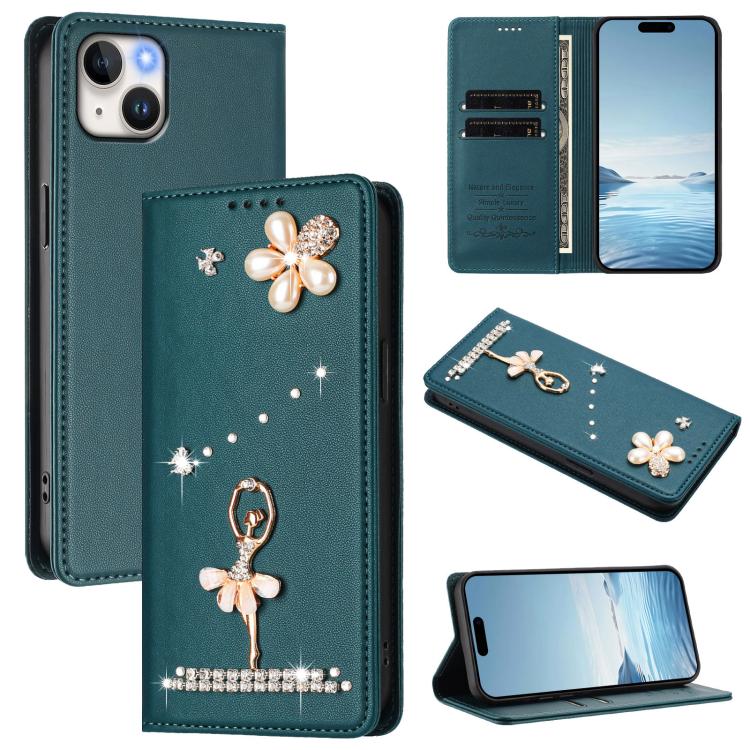 Ballet Girl Diamond Studded RFID Vegan Leather Phone Case, For iPhone 15, For iPhone 14 Plus, For iPhone 14 / 13, For iPhone 14 Pro, For iPhone 14 Pro Max, For iPhone 13 Pro Max