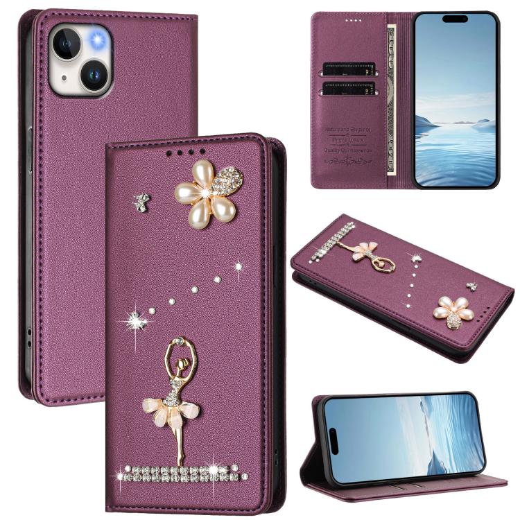 Ballet Girl Diamond Studded RFID Vegan Leather Phone Case, For iPhone 15, For iPhone 14 Plus, For iPhone 14 / 13, For iPhone 14 Pro, For iPhone 14 Pro Max, For iPhone 13 Pro Max