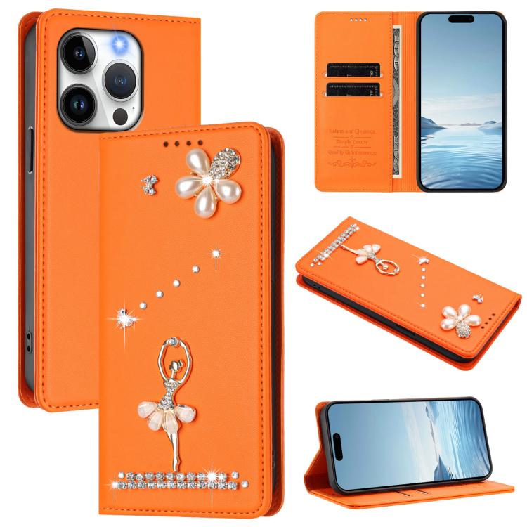 Ballet Girl Diamond Studded RFID Vegan Leather Phone Case, For iPhone 15, For iPhone 14 Plus, For iPhone 14 / 13, For iPhone 14 Pro, For iPhone 14 Pro Max, For iPhone 13 Pro Max