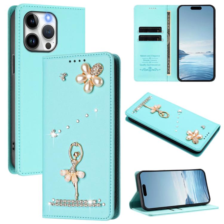 Ballet Girl Diamond Studded RFID Vegan Leather Phone Case, For iPhone 15, For iPhone 14 Plus, For iPhone 14 / 13, For iPhone 14 Pro, For iPhone 14 Pro Max, For iPhone 13 Pro Max