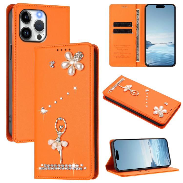 Ballet Girl Diamond Studded RFID Vegan Leather Phone Case, For iPhone 15, For iPhone 14 Plus, For iPhone 14 / 13, For iPhone 14 Pro, For iPhone 14 Pro Max, For iPhone 13 Pro Max