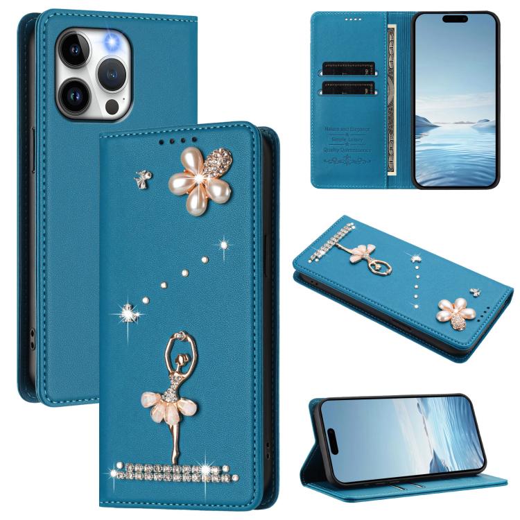 Ballet Girl Diamond Studded RFID Vegan Leather Phone Case, For iPhone 15, For iPhone 14 Plus, For iPhone 14 / 13, For iPhone 14 Pro, For iPhone 14 Pro Max, For iPhone 13 Pro Max