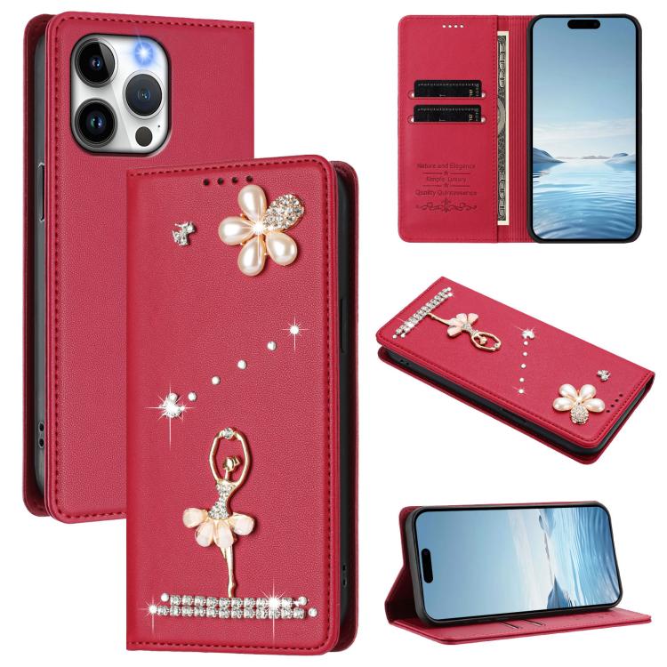 Ballet Girl Diamond Studded RFID Vegan Leather Phone Case, For iPhone 15, For iPhone 14 Plus, For iPhone 14 / 13, For iPhone 14 Pro, For iPhone 14 Pro Max, For iPhone 13 Pro Max