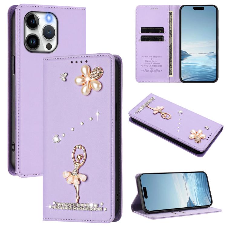Ballet Girl Diamond Studded RFID Vegan Leather Phone Case, For iPhone 15, For iPhone 14 Plus, For iPhone 14 / 13, For iPhone 14 Pro, For iPhone 14 Pro Max, For iPhone 13 Pro Max