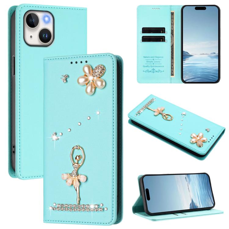 حافظة هاتف من الجلد النباتي مزينة بألماس فتاة الباليه مع حماية RFID، لهواتف iPhone 15، iPhone 14 Plus، iPhone 14 / 13، iPhone 14 Pro، iPhone 14 Pro Max، iPhone 13 Pro Max