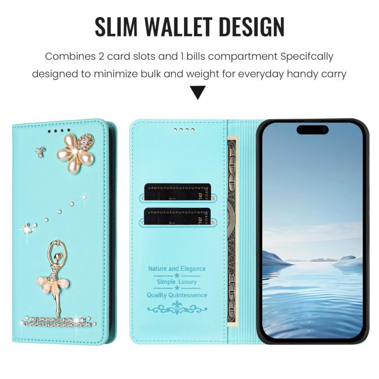 Ballet Girl Diamond Studded RFID Vegan Leather Phone Case, For iPhone 15, For iPhone 14 Plus, For iPhone 14 / 13, For iPhone 14 Pro, For iPhone 14 Pro Max, For iPhone 13 Pro Max