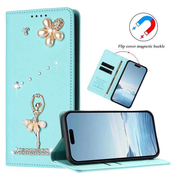 Ballet Girl Diamond Studded RFID Vegan Leather Phone Case, For iPhone 15, For iPhone 14 Plus, For iPhone 14 / 13, For iPhone 14 Pro, For iPhone 14 Pro Max, For iPhone 13 Pro Max