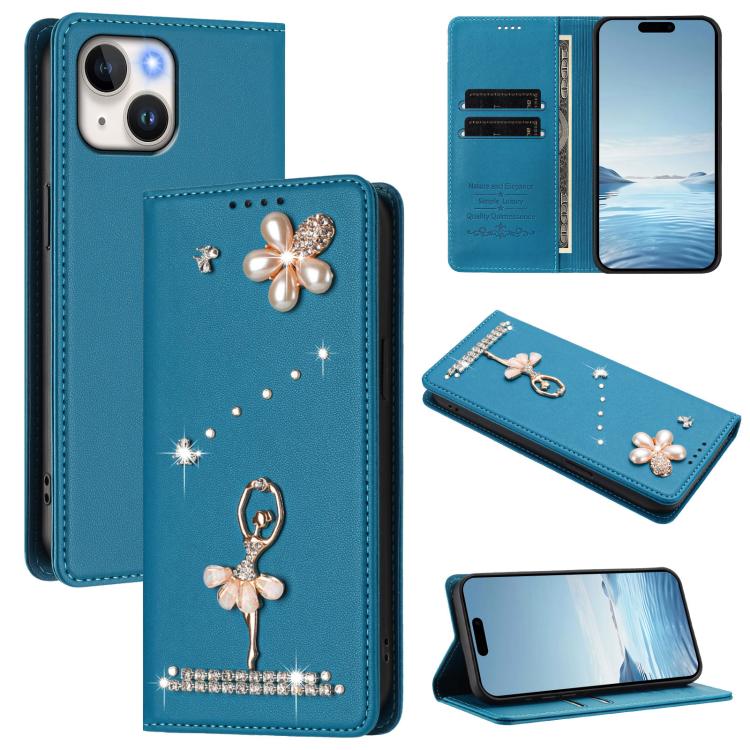 Ballet Girl Diamond Studded RFID Vegan Leather Phone Case, For iPhone 15, For iPhone 14 Plus, For iPhone 14 / 13, For iPhone 14 Pro, For iPhone 14 Pro Max, For iPhone 13 Pro Max