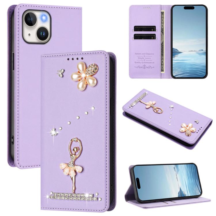 Ballet Girl Diamond Studded RFID Vegan Leather Phone Case, For iPhone 15, For iPhone 14 Plus, For iPhone 14 / 13, For iPhone 14 Pro, For iPhone 14 Pro Max, For iPhone 13 Pro Max