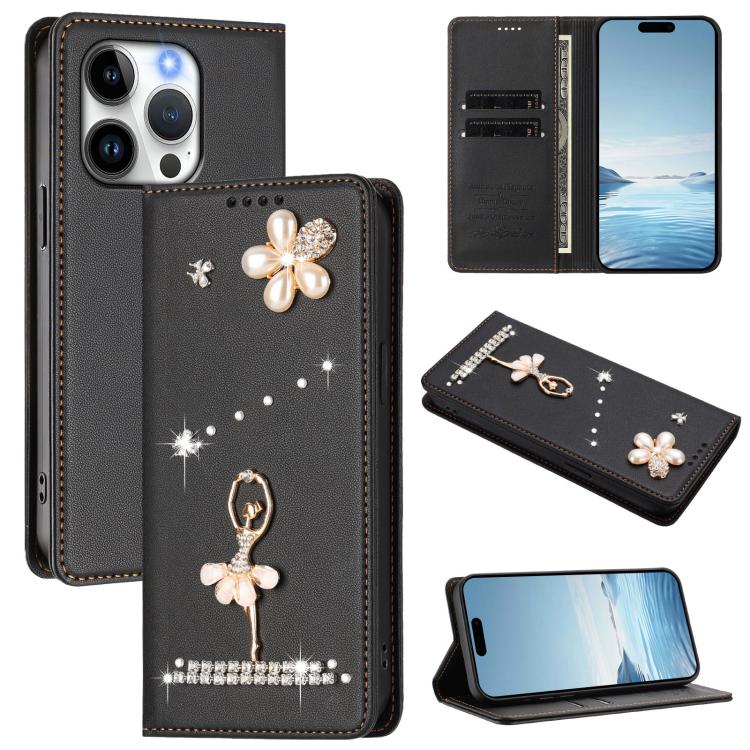 Ballet Girl Diamond Studded RFID Vegan Leather Phone Case, For iPhone 16 Pro, For iPhone 16 Plus, For iPhone 16, For iPhone 15 Pro Max, For iPhone 15 Pro, For iPhone 15 Plus