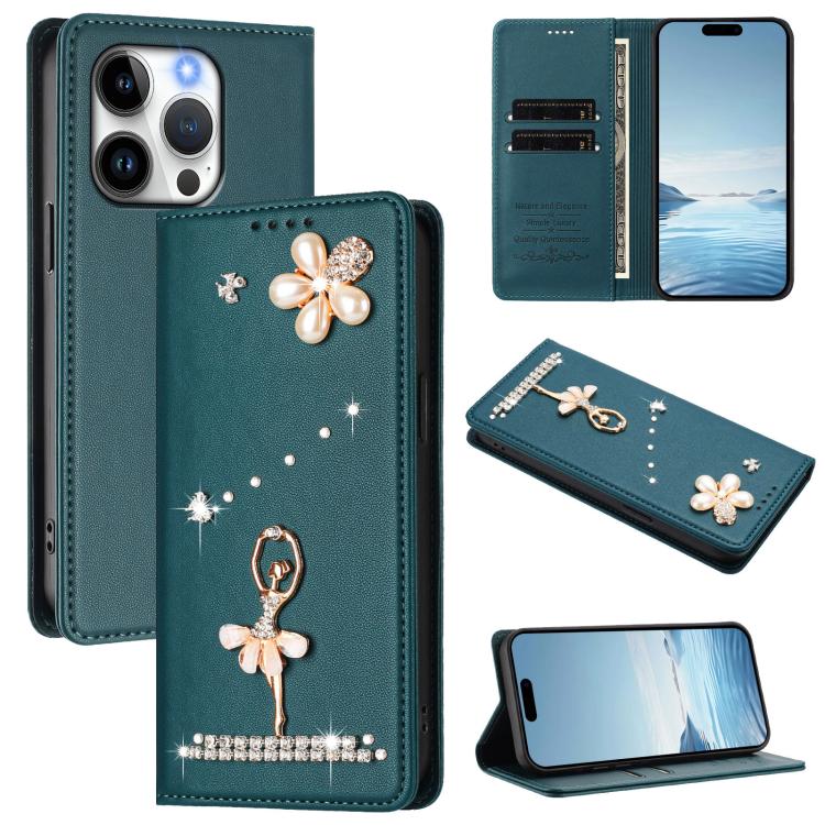 Ballet Girl Diamond Studded RFID Vegan Leather Phone Case, For iPhone 16 Pro, For iPhone 16 Plus, For iPhone 16, For iPhone 15 Pro Max, For iPhone 15 Pro, For iPhone 15 Plus