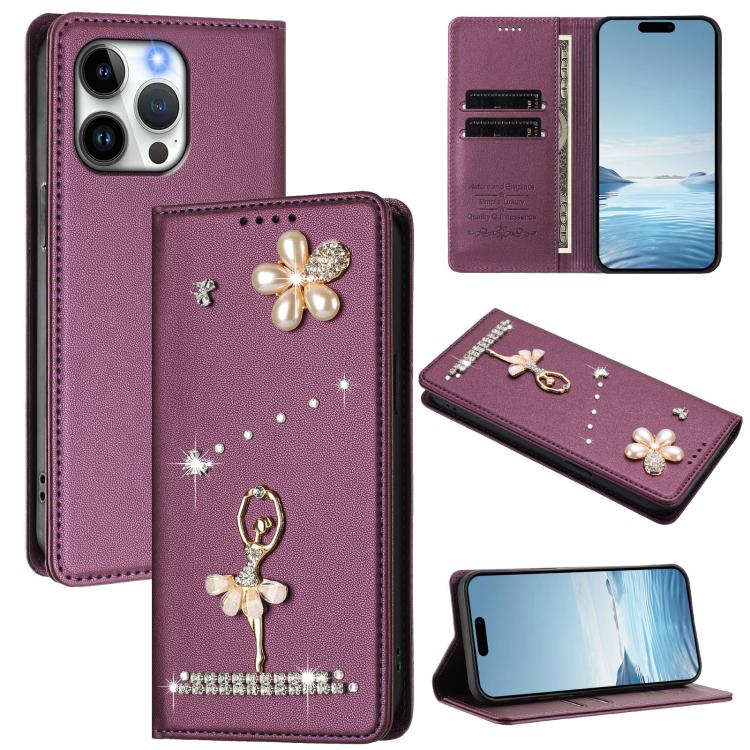 Ballet Girl Diamond Studded RFID Vegan Leather Phone Case, For iPhone 16 Pro, For iPhone 16 Plus, For iPhone 16, For iPhone 15 Pro Max, For iPhone 15 Pro, For iPhone 15 Plus