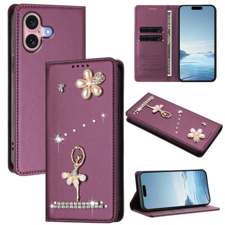 Ballet Girl Diamond Studded RFID Vegan Leather Phone Case, For iPhone 16 Pro, For iPhone 16 Plus, For iPhone 16, For iPhone 15 Pro Max, For iPhone 15 Pro, For iPhone 15 Plus