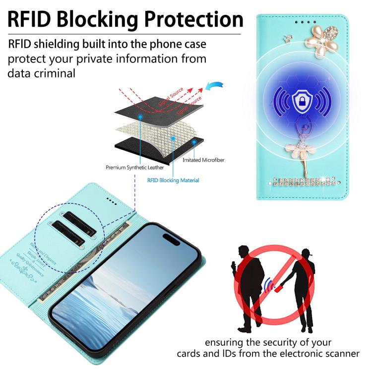 Ballet Girl Diamond Studded RFID Vegan Leather Phone Case, For iPhone 16 Pro, For iPhone 16 Plus, For iPhone 16, For iPhone 15 Pro Max, For iPhone 15 Pro, For iPhone 15 Plus