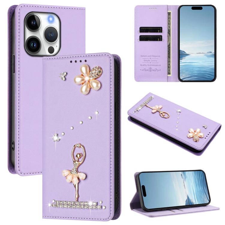 Ballet Girl Diamond Studded RFID Vegan Leather Phone Case, For iPhone 16 Pro, For iPhone 16 Plus, For iPhone 16, For iPhone 15 Pro Max, For iPhone 15 Pro, For iPhone 15 Plus