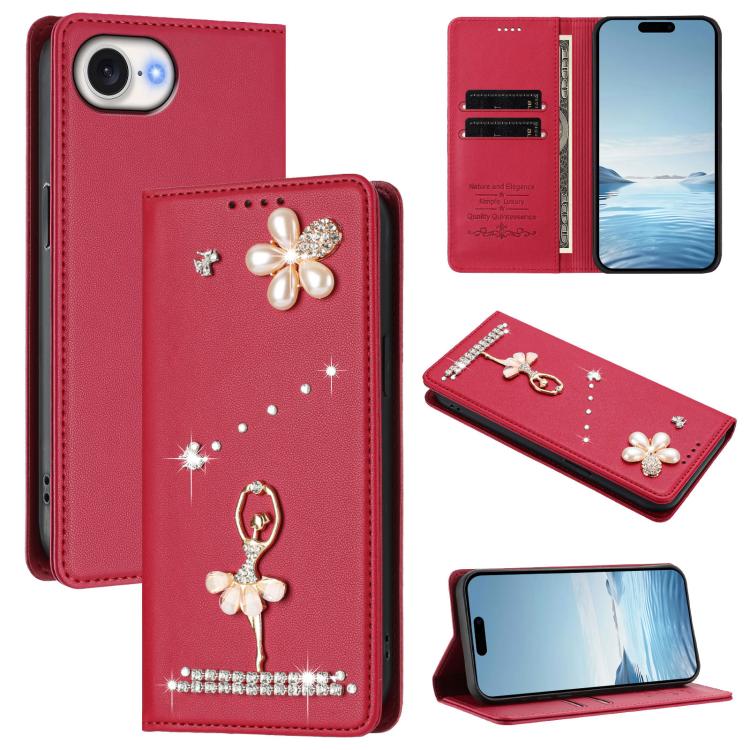 Ballet Girl Diamond Studded RFID Vegan Leather Phone Case, For iPhone 17e / 16e, For iPhone 17 Pro Max, For iPhone 17 Pro, For iPhone 17, For iPhone Air, For iPhone 16 Pro Max