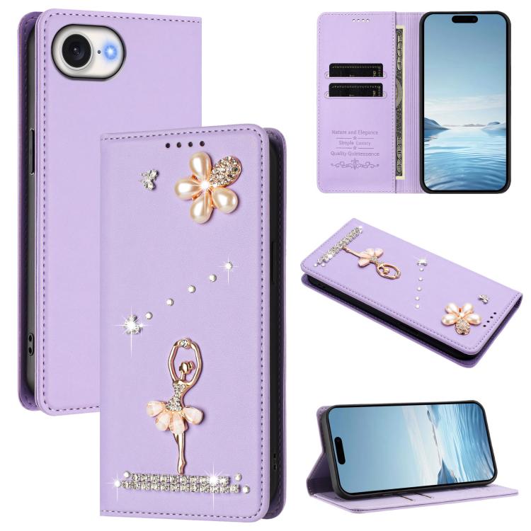 Ballet Girl Diamond Studded RFID Vegan Leather Phone Case, For iPhone 17e / 16e, For iPhone 17 Pro Max, For iPhone 17 Pro, For iPhone 17, For iPhone Air, For iPhone 16 Pro Max