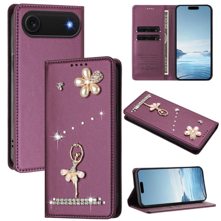 Ballet Girl Diamond Studded RFID Vegan Leather Phone Case, For iPhone 17e / 16e, For iPhone 17 Pro Max, For iPhone 17 Pro, For iPhone 17, For iPhone Air, For iPhone 16 Pro Max