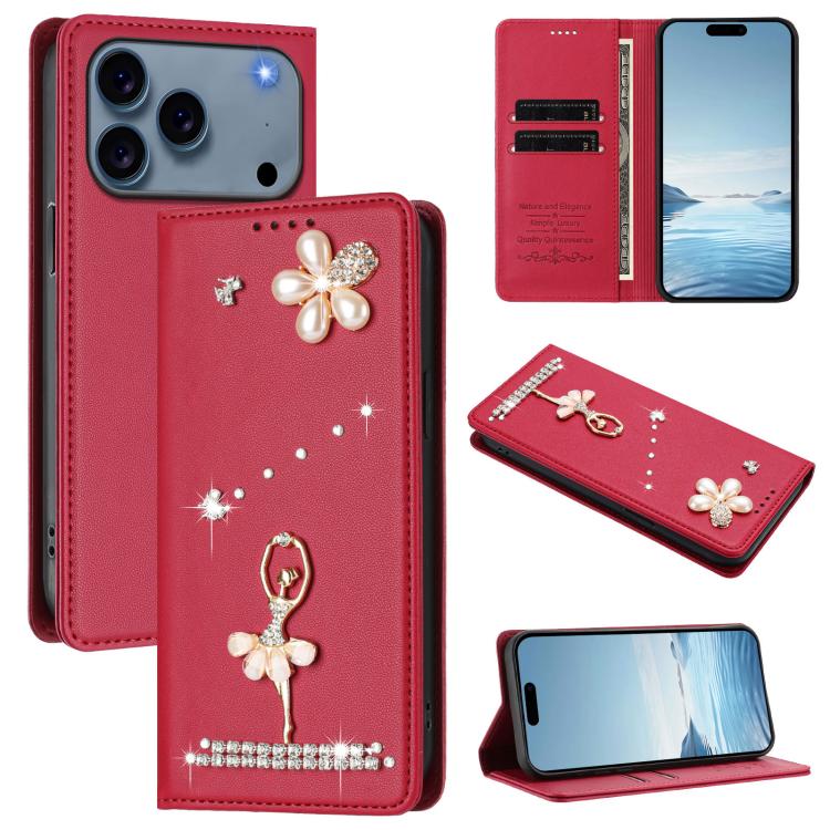 Ballet Girl Diamond Studded RFID Vegan Leather Phone Case, For iPhone 17e / 16e, For iPhone 17 Pro Max, For iPhone 17 Pro, For iPhone 17, For iPhone Air, For iPhone 16 Pro Max