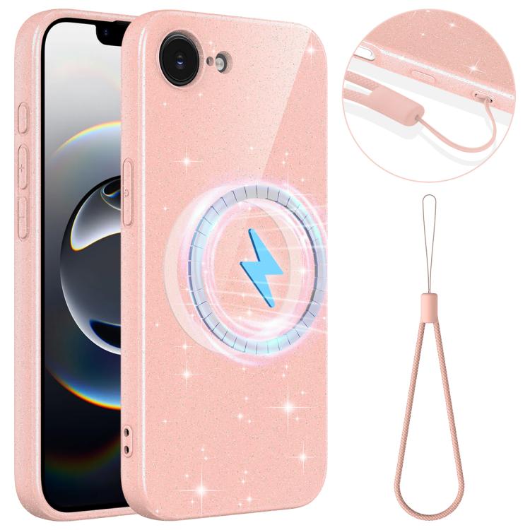 غطاء هاتف من TPU لامع مع ثقوب دقيقة وبريق مغناطيسي مع حزام يد بنفس اللون، لهواتف iPhone 17e / 16e، iPhone 17 Pro Max، iPhone 17 Pro، iPhone 17، iPhone Air، iPhone 16 Pro Max، iPhone 16 Pro، iPhone 16 Plus، iPhone 16