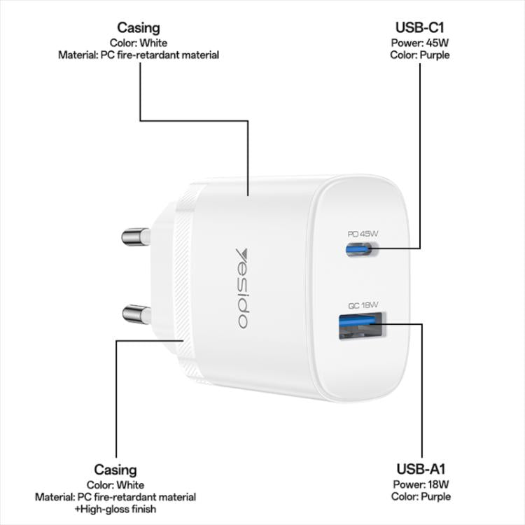 Yesido PD45W USB and Type-C Dual Interface Fast Charger Set, EU Plug, UK Plug, US Plug