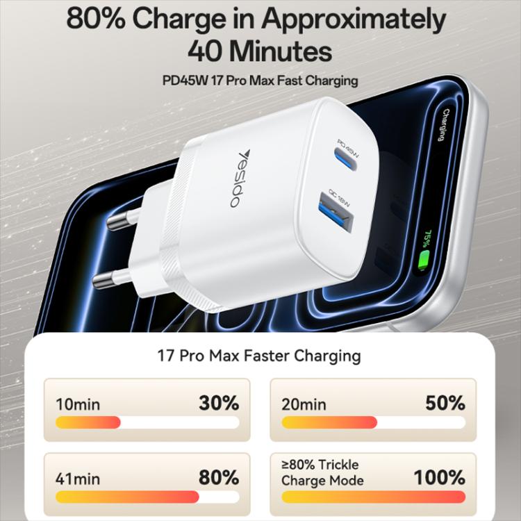Yesido PD45W USB and Type-C Dual Interface Fast Charger Set, EU Plug, UK Plug, US Plug