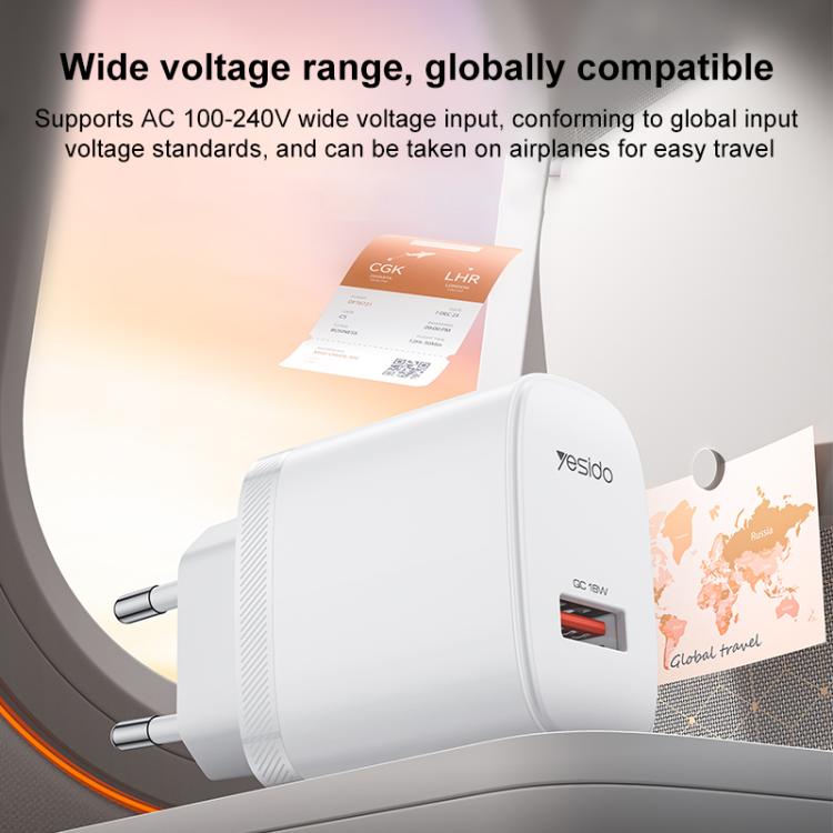 Yesido 18W USB Single Interface Charger Set with USB to Type-C Cable, EU Plug, UK Plug, US Plug